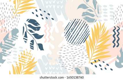  Nahtlose exotische Muster mit tropischen Pflanzen. Vektorillustration handgezeichnet tropische Blätter Hintergrund für Papier, Deckel, Stoff, Inneneinrichtung.