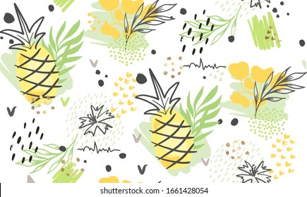 Seamless exotic pattern with tropical plants and gold elements. Vector hand draw pineapple background  for  social media, cover, fabric, interior decor.