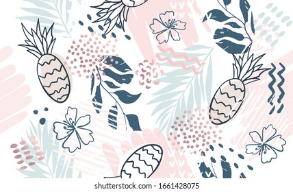Seamless exotic pattern with tropical plants and gold elements. Vector hand draw pineapple background  for  social media, cover, fabric, interior decor.