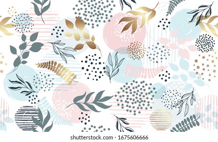 Diseño exótico sin inconvenientes con plantas tropicales y elementos dorados Dibujo manual de hojas tropicales fondo para tela de papel pintado