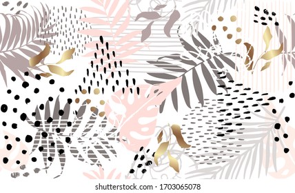 Seamless exotic pattern with tropical plants and gold elements Vector hand draw tropical leaves  background  for paper cover fabric case