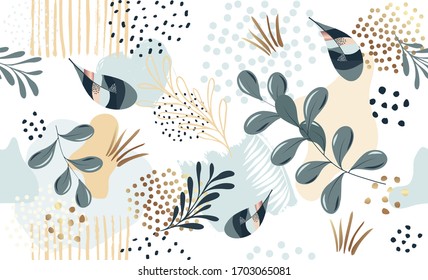 Seamless exotic pattern with tropical plants and gold elements Vector hand draw tropical leaves  background  for paper cover fabric case