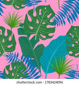 Seamless exotic pattern with tropical plants: monstera leaves, banana leaves, palm leaves. Vector background. Plants nature wallpaper