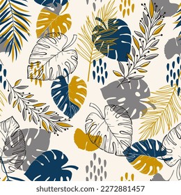 Seamless exotic pattern with tropical plants and artistic background. Modern abstract design for paper, cover, fabric, interior decor and other users.