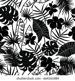 Seamless exotic pattern with tropical plants. Vector hand draw background.