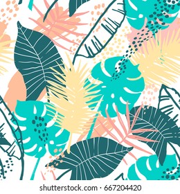 Seamless exotic pattern with tropical plants. Vector hand draw background.