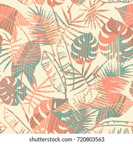 Seamless exotic pattern with tropical plants and geometric background. Hand draw texture.
Vector template.