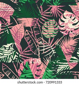 Seamless exotic pattern with tropical plants and geometric background. Hand draw texture.