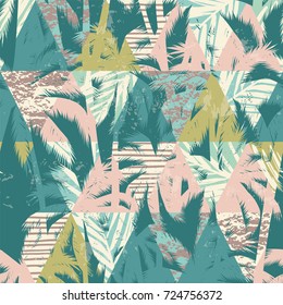 Seamless exotic pattern with tropical plants and geometric background. Hand draw texture.
Vector template.