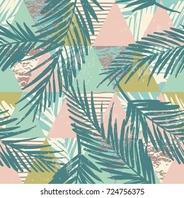 Seamless exotic pattern with tropical plants and geometric background. Hand draw texture.
Vector template.