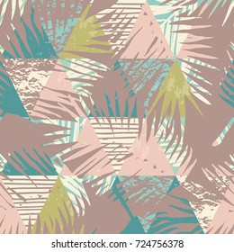 Seamless exotic pattern with tropical plants and geometric background. Hand draw texture.
Vector template.