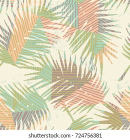 Seamless exotic pattern with tropical plants and geometric background. Hand draw texture.
Vector template.