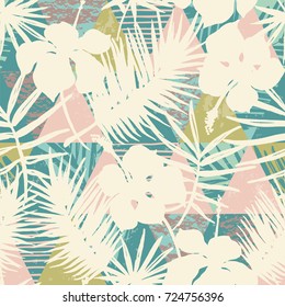 Seamless exotic pattern with tropical plants and geometric background. Hand draw texture.
Vector template.