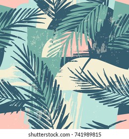 Seamless exotic pattern with tropical plants and artistic  background. Modern abstract design for paper, cover, fabric, interior decor and other users. 