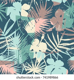 Seamless exotic pattern with tropical plants and artistic  background. Modern abstract design for paper, cover, fabric, interior decor and other users. 