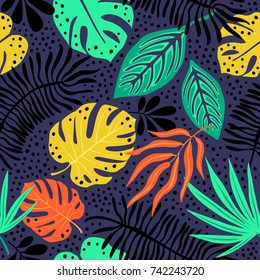 Seamless exotic pattern with tropical plants. Vector hand draw background.