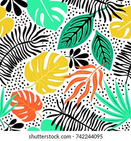 Seamless exotic pattern with tropical plants. Vector hand draw background.