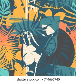 Seamless exotic pattern with tropical plants and artistic background. Modern abstract design for paper, cover, fabric, interior decor and other users. 