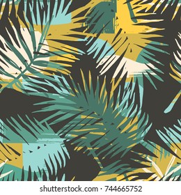 Seamless exotic pattern with tropical plants and artistic background. Modern abstract design for paper, cover, fabric, interior decor and other users. 