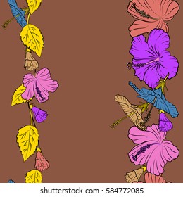 Seamless exotic pattern with violet, yellow and pink tropical flowers. Blooming jungle, hibiscus seamless pattern. Motley vector illustration with copy space (place for your text).