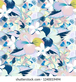 Seamless exotic pattern with white, blue and gray tropical flowers. Blooming jungle, hibiscus seamless pattern. Motley vector illustration.
