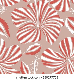 Seamless exotic pattern with white and pink tropical flowers. Blooming jungle, hibiscus seamless pattern. Motley vector illustration.