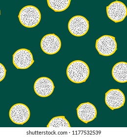 Seamless exotic pattern of yellow dragon fruit on colored background