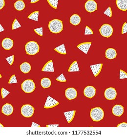 Seamless exotic pattern of yellow dragon fruit on colored background