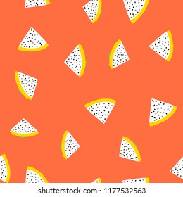 Seamless exotic pattern of yellow dragon fruit on colored background