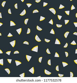 Seamless exotic pattern of yellow dragon fruit on colored background