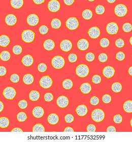 Seamless exotic pattern of yellow dragon fruit on colored background