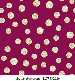 Seamless exotic pattern of yellow dragon fruit on colored background