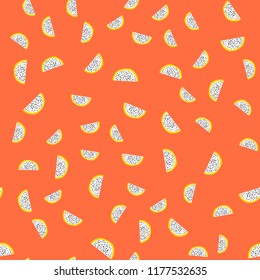 Seamless exotic pattern of yellow dragon fruit on colored background