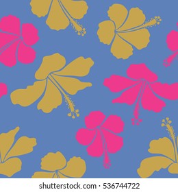 Seamless exotic pattern with yellow, magenta and blue tropical flowers. Blooming jungle, hibiscus seamless pattern. Motley vector illustration.