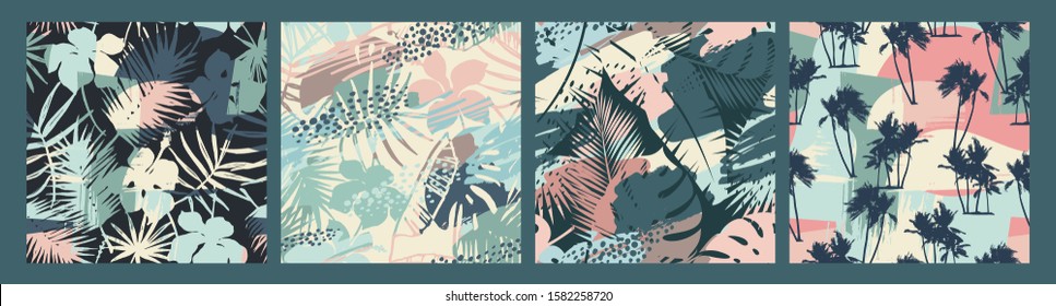 Seamless exotic patterns with tropical plants and artistic background. Modern abstract design for paper, cover, fabric, interior decor and other users.