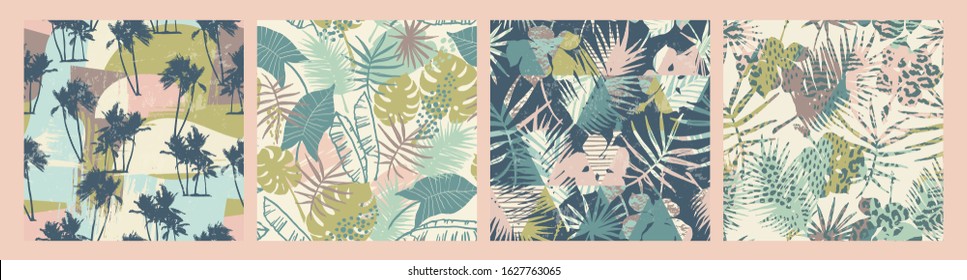 Seamless exotic patterns with tropical plants and artistic background. Modern abstract design for paper, cover, fabric, interior decor and other users.