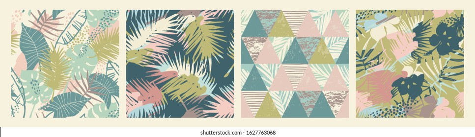 Seamless exotic patterns with tropical plants and artistic background. Modern abstract design for paper, cover, fabric, interior decor and other users.