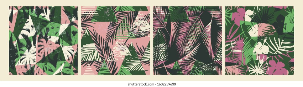 Seamless exotic patterns with tropical plants and artistic background. Modern abstract design for paper, cover, fabric, interior decor and other users.