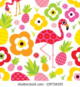 Seamless exotic pineapple and flamingo kids illustration summer background pattern in vector