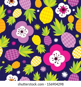 Nahtlose exotische Ananas-Früchte und Blumen, Vektorgrafik-Hintergrundmuster