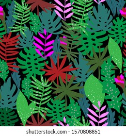 Seamless exotic plant pattern   made by hand in vector. Red and green tropical leafs design. Easy to use for wrapping paper,  paper, textile, fabric, romantic background. 

