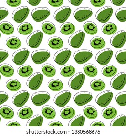 Seamless exotic plant vector pattern on white background. Hand drawn green kiwi slices and avocado fruits. Perfect for wallpaper or fabric.