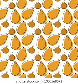 Seamless exotic plant vector pattern on white background. Hand drawn papaya and passion fruits with black contour. Perfect for wallpaper or fabric.