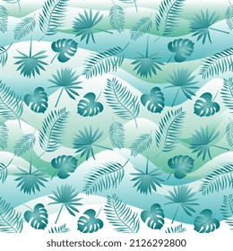 Seamless exotic print for fabric, wallpaper with a variety of palm leaves on a background of greenish waves in vector. Natural pattern. Hawaiian motifs.