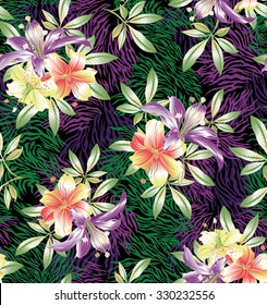  Seamless exotic print with lilies on a background of zebra skin. Vector illustration.