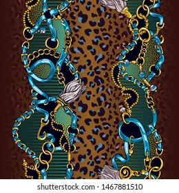 Seamless exotic textures in the style of the 80s from belts and gold chains, costume jewelry, metal pendants, as well as a leopard skin pattern. Printing on fashionable fabrics, printing, advertising.