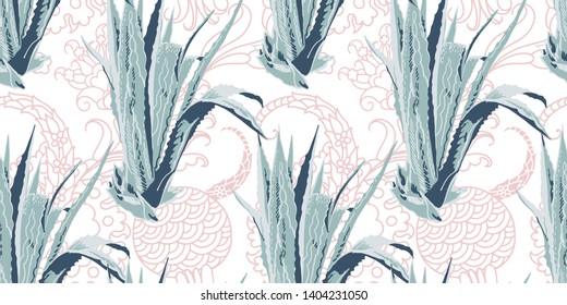 seamless exotic tropic floral pattern, aloe flower vector illustration