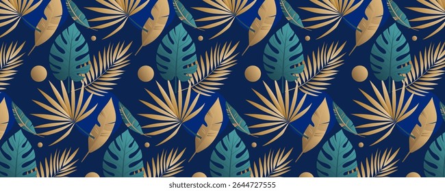 Seamless exotic tropical pattern featuring lush golden and green palm leaves on blue background. Vector EPS10