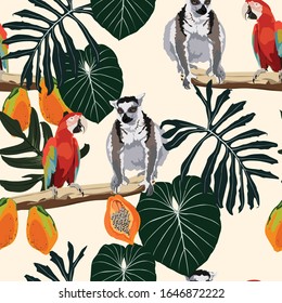 Seamless exotic tropical pattern with leaves, pitaya fruits, lemur and parrot birds. Breadfruit, palm, branch, parrots. Vector illustration.
