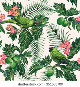 Seamless exotic tropical pattern with leaves, fruits, flowers and birds. Breadfruit, palm, plumeria, parrots. Vector illustration.